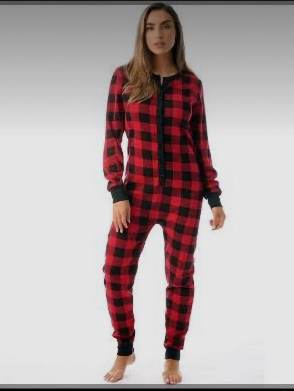 #followme Women's Buffalo Plaid Thermal Henley Union Suit Onesie Red/Black - Sm